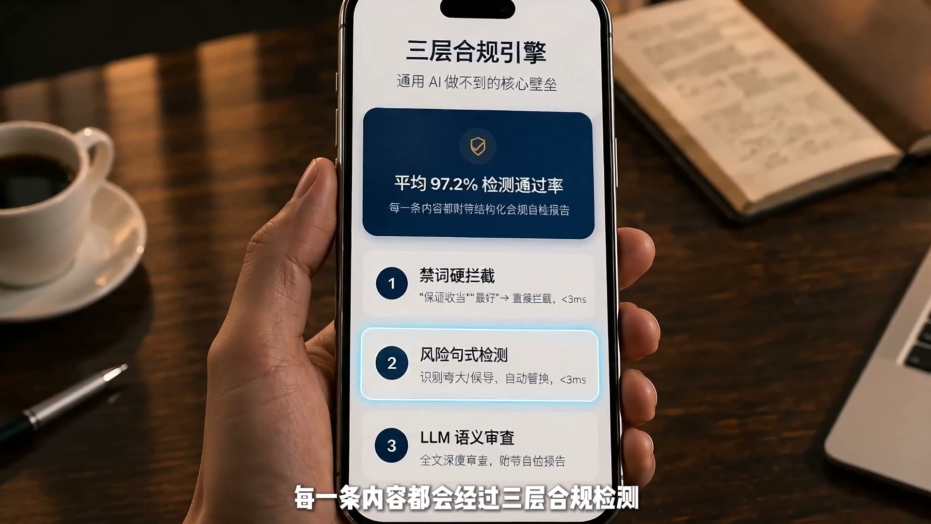 三层合规引擎：禁词硬拦截、风险句式检测、LLM语义审查